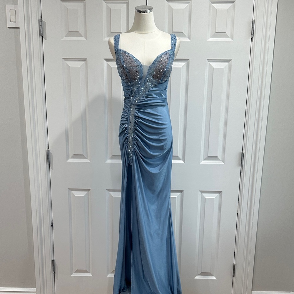 NWPT SHEIN Belle Blue Sequin Ruched Slit Mermaid Prom Wedding Guest Dress Size 2
